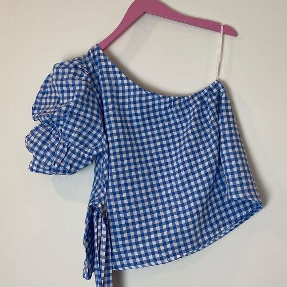 EEUC ROMWE One Shoulder Puff Sleeve Gingham Top - Picture 3 of 13